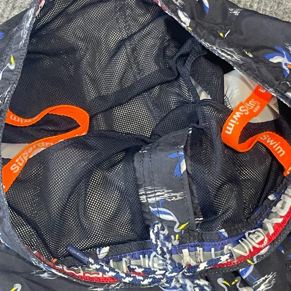 Superdry Pelican Print Swim Shorts Mens L Navy Blue Excellent Mesh‎ Lined Trunks